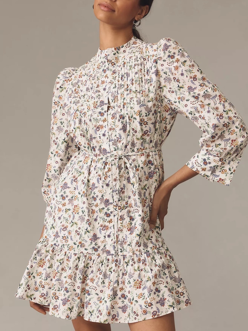 Anthropologie English Factory Long-Sleeve Pintuck Smocked Mini Dress size large